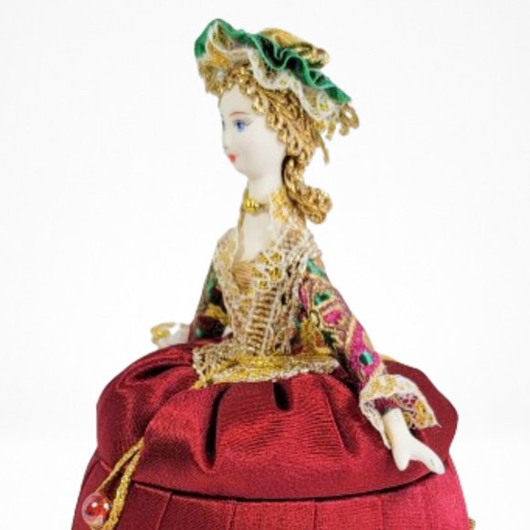LADY IN RED HANDMADE AND HAND PAINTED COLLECTIBLE PORCELAIN DOLL STORAGE BOX - Picture 3 of 6